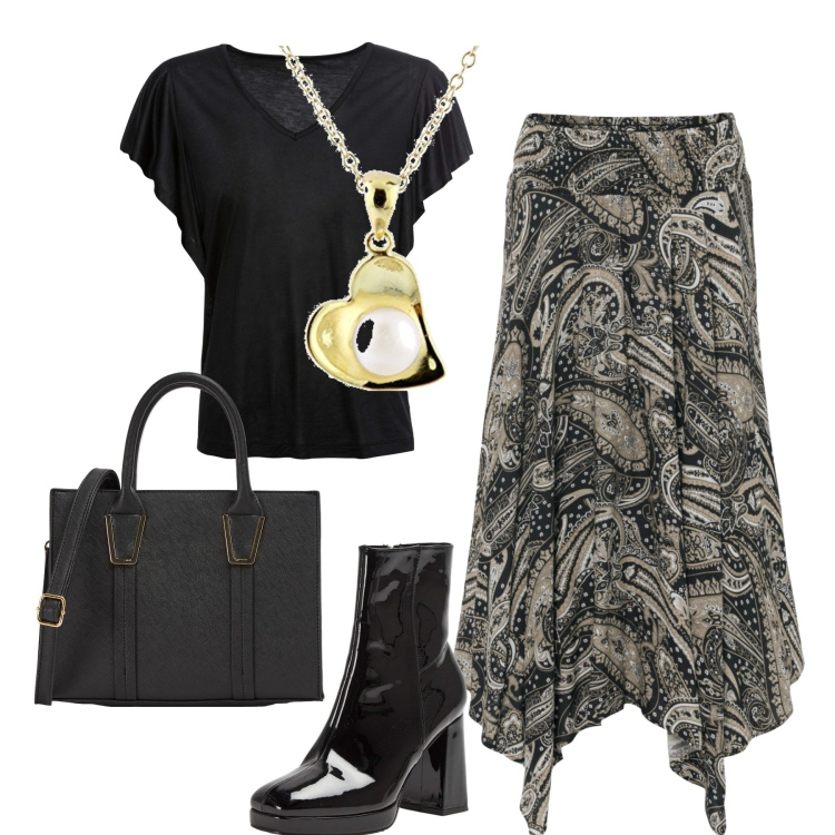 Outfit donna - La gonna asimmetrica. Stile Casual chic per Tutti i giorni. Abbinamento con gonne longuette, maglieria, stivaletti, shopping bag, ciondoli.