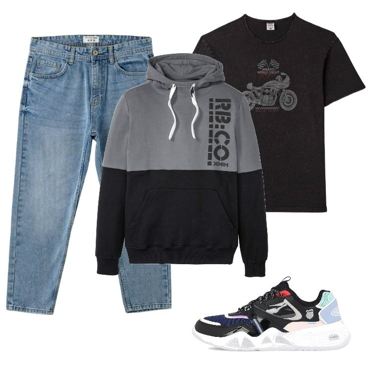 Outfit uomo - Total look #1727897. Stile Urban per Tutti i giorni. Abbinamento con felpe con cappuccio, jeans, t-shirt, sneakers.