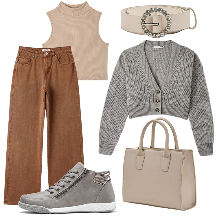 Outfit donna - Look autunnale. Stile Casual per Tutti i giorni. Abbinamento con sneakers alte, pantaloni, shopping bag, top, cardigans, cinture.