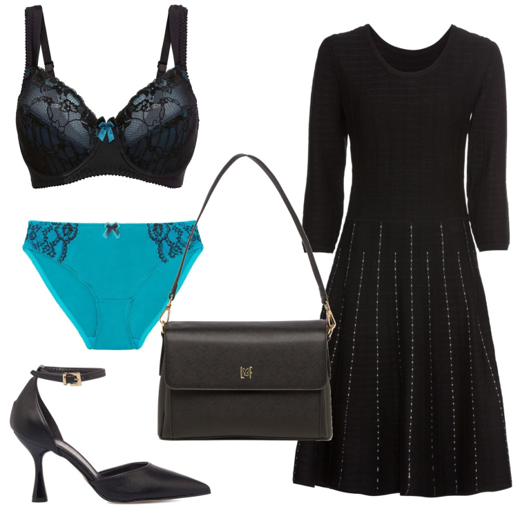 Outfit donna - La lingerie che mette il sorriso. Stile Bon Ton per Serata fuori. Abbinamento con reggiseni, vestiti, culotte, décolleté, borse a tracolla.