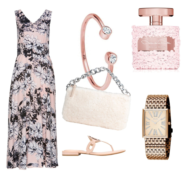 Outfit donna - Autunno in rosa. Stile Romantica per Tutti i giorni. Abbinamento con vestiti lunghi, infradito, borse a mano, profumi, orologi, anelli.