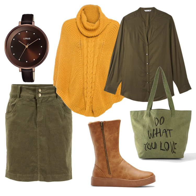 Outfit donna - Foliage d’effetto. Stile Casual per Tutti i giorni. Abbinamento con stivali, cappotti, gonne lunghe, shopping bag, camicie, orologi.