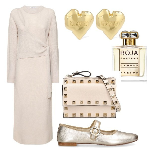 Outfit donna - Un semplice fiocco. Stile Minimal per Ufficio. Abbinamento con profumi, vestiti midi/longuette, ballerine, borse a spalla, orecchini.