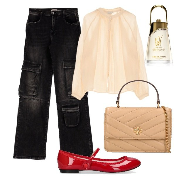 Outfit donna - Pantapalazzo, blusa boho-chic ballerine. Stile Boho per Tutti i giorni. Abbinamento con profumi, pantaloni a palazzo, camicie, borse a spalla, ballerine.