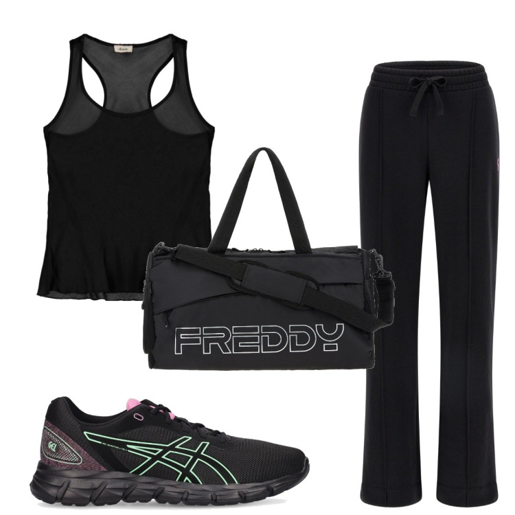 Outfit donna - Total look #1728157. Stile Basic per Sport. Abbinamento con borse sportive, pantaloni a palazzo, canottiere, sneakers.
