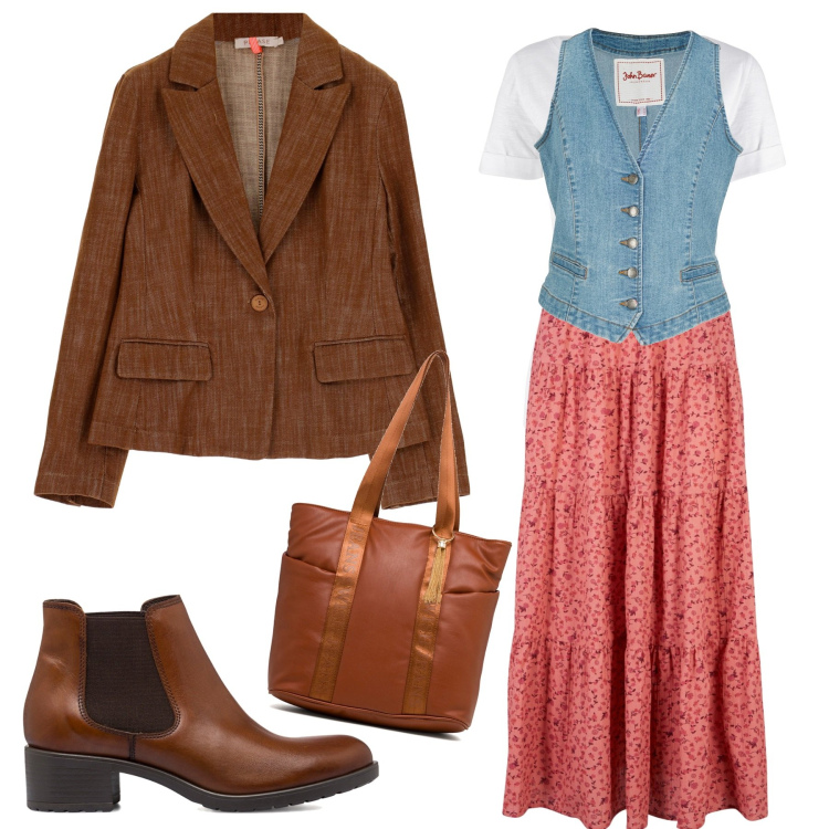 Outfit donna - Stile boho con gilet in jeans. Stile Boho per Tutti i giorni. Abbinamento con t-shirt, gilet, gonne lunghe, giacche, stivaletti, borse a spalla.
