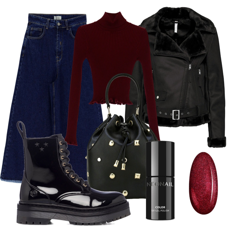 Outfit donna - Jeans a palazzo. Stile Casual chic per Scuola/Università. Abbinamento con cappotti, smalti, maglieria, anfibi, jeans, borse a secchiello.