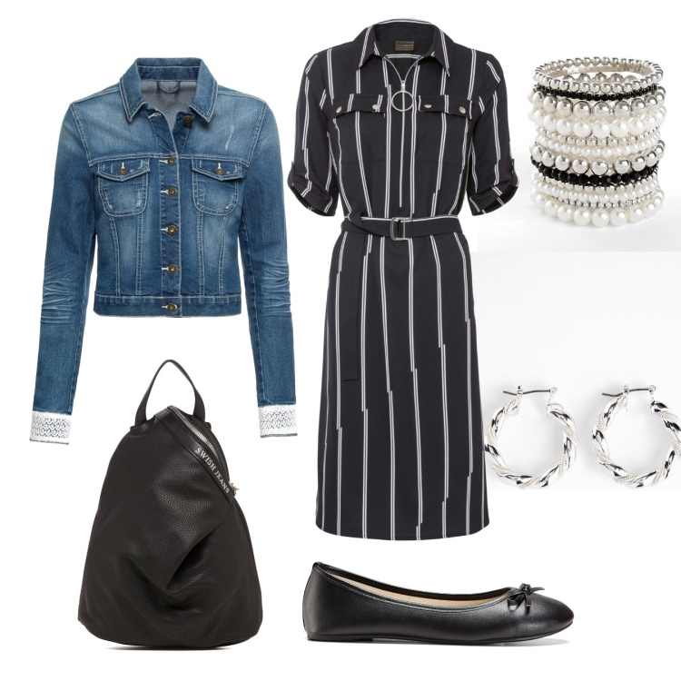Outfit donna - Passeggiata denim. Stile Casual chic per Tutti i giorni. Abbinamento con braccialetti, ballerine, orecchini, vestiti chemisier, blazer, zaini.