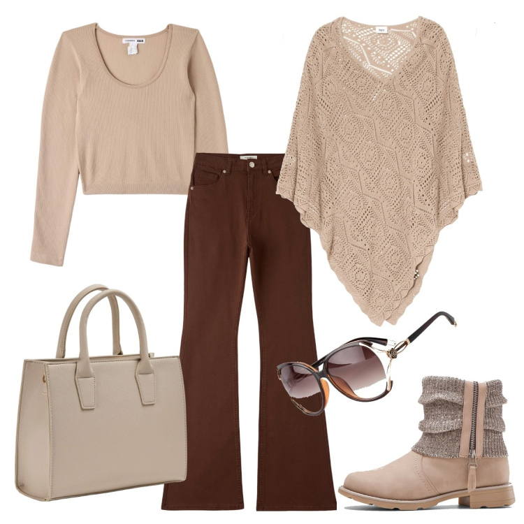 Outfit donna - Giornata libera. Stile Casual per Tutti i giorni. Abbinamento con stivaletti, occhiali da sole, cappotti, pantaloni, t-shirt, shopping bag.