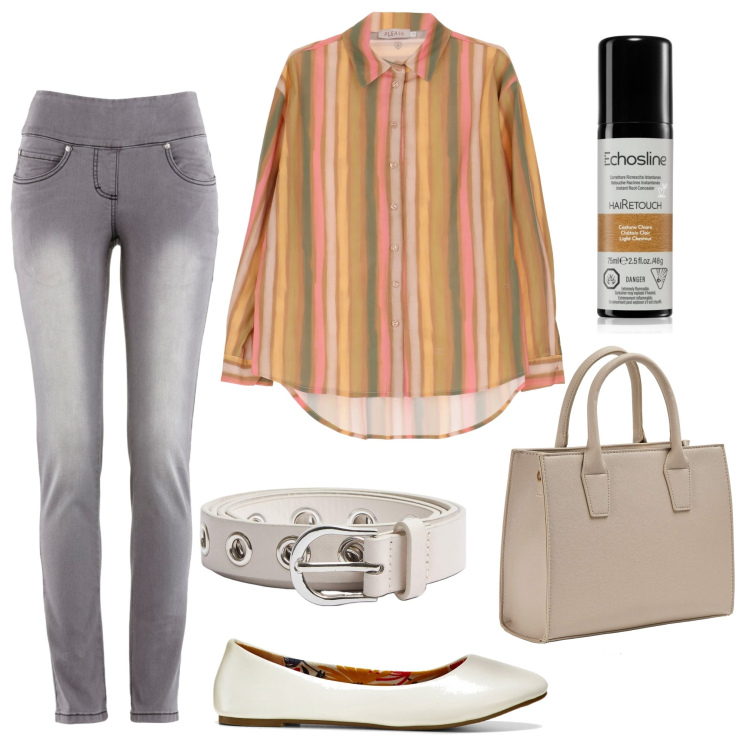 Outfit donna - Total look #1728189. Stile Casual per Tutti i giorni. Abbinamento con jeans slim fit, ballerine, correttori, cinture, shopping bag, camicie.