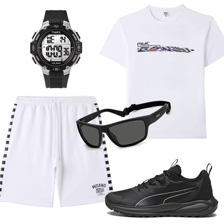 Outfit uomo - Jogging con gli occhi protetti. Stile Casual per Sport. Abbinamento con bermuda, t-shirt, occhiali da sole, scarpe sportive, orologi digitali.