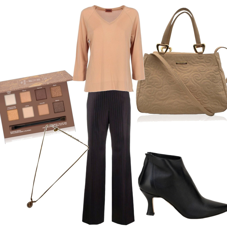 Outfit donna - Total look #1728307. Stile Minimal per Tutti i giorni. Abbinamento con borse a mano, pullovers, pantaloni, collane, ombretti, stivaletti.