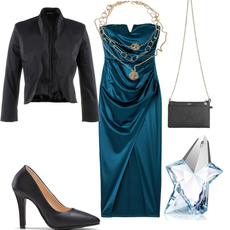 Outfit donna - Total look #1728321. Stile Chic per Serata fuori. Abbinamento con blazer, décolleté, profumi, vestiti lunghi, clutch, ciondoli.