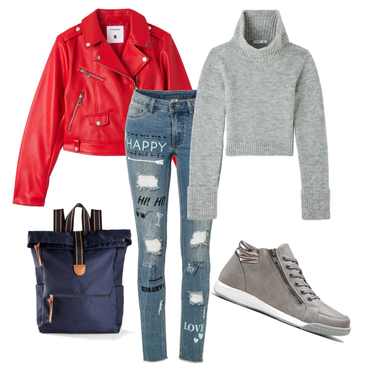 Outfit donna - Happy back to school. Stile Casual per Scuola/Università. Abbinamento con sneakers alte, zaini, jeans skinny, maglieria, cappotti.