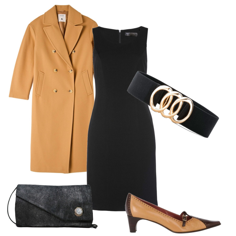 Outfit donna - Il tubino per l’autunno. Stile Bon Ton per Serata fuori. Abbinamento con cinture, vestiti a tubino, décolleté, borse a spalla, cappotti.