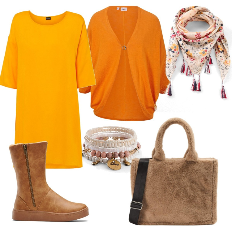 Outfit donna - Autunno etnico. Stile Casual chic per Tutti i giorni. Abbinamento con stivali, braccialetti, vestiti, cardigans, foulard, shopping bag.