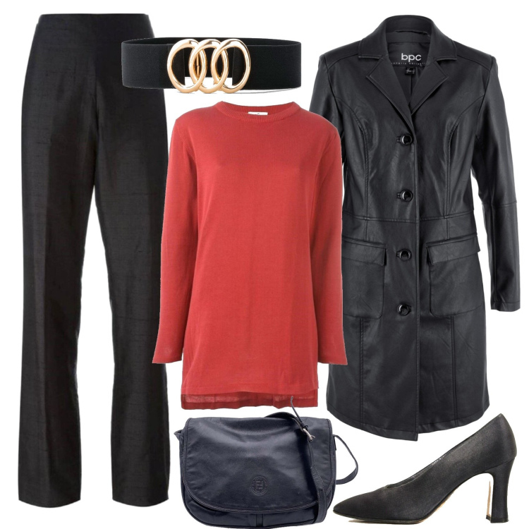 Outfit donna - Curvy, guardaroba autunnale. Stile Trendy per Serata fuori. Abbinamento con cinture, blazer, pantaloni, décolleté, pullovers, borse a spalla.