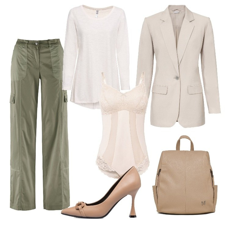 Outfit donna - Con effetto modellante. Stile Chic per Ufficio. Abbinamento con pantaloni cargo, body, maglieria, blazer, décolleté, zaini.