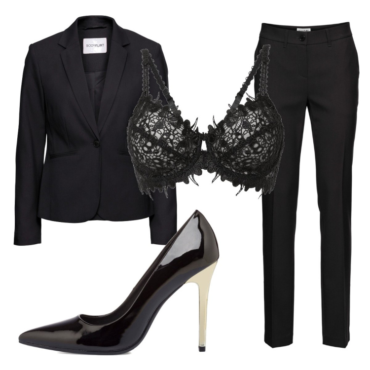 Outfit donna - Total Black. Stile Chic per Serata fuori. Abbinamento con pantaloni, blazer, reggiseni, décolleté.