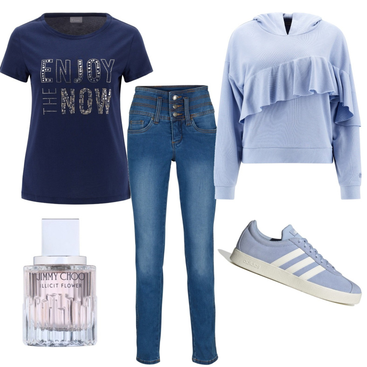 Outfit donna - Jeans che passione!. Stile Casual chic per Tutti i giorni. Abbinamento con jeans, profumi, felpe con cappuccio, t-shirt, sneakers.