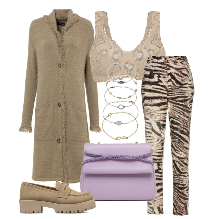Outfit donna - Ghost outfitter - settembre. Stile Trendy per Tutti i giorni. Abbinamento con reggiseni, braccialetti con ciondoli, cardigans, pantaloni, mocassini, clutch.