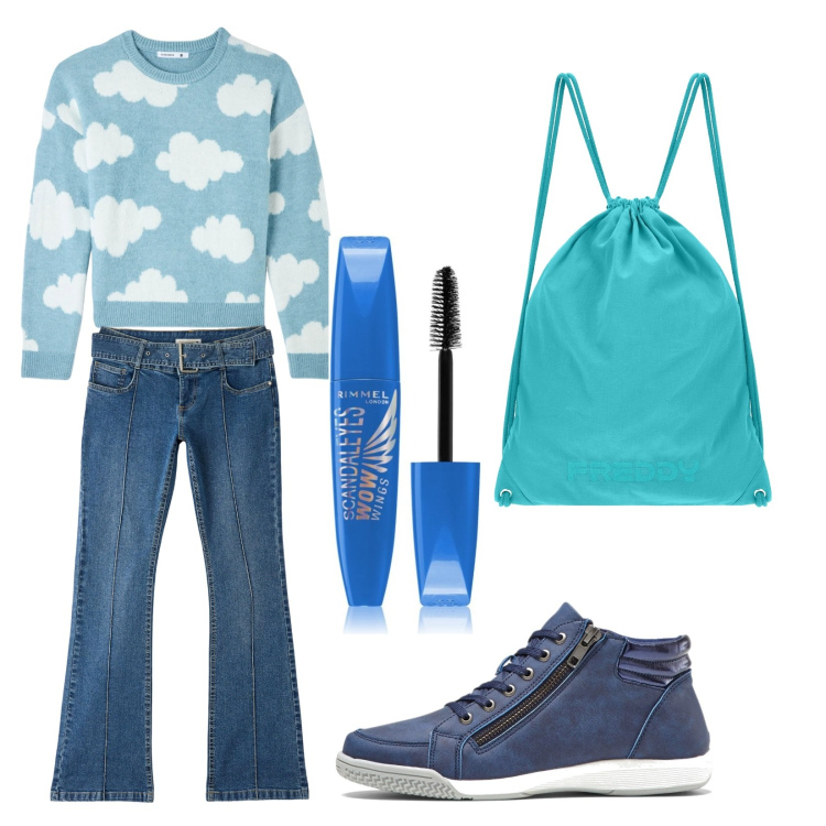 Outfit donna - Total look #1728559. Stile Casual per Scuola/Università. Abbinamento con sneakers alte, mascara, jeans a zampa, maglieria, zaini.