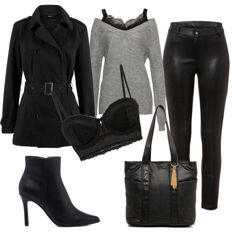Outfit donna - Total look #1728586. Stile Casual chic per Tutti i giorni. Abbinamento con reggiseni a balconcino, maglieria, pantaloni, trench, borse a spalla, stivaletti.