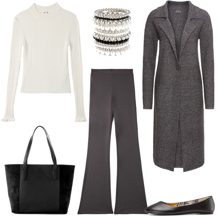 Outfit donna - Minimal Mid-Season Sale. Stile Minimal per Tutti i giorni. Abbinamento con ballerine, braccialetti, shopping bag, cappotti, maglieria, leggings.