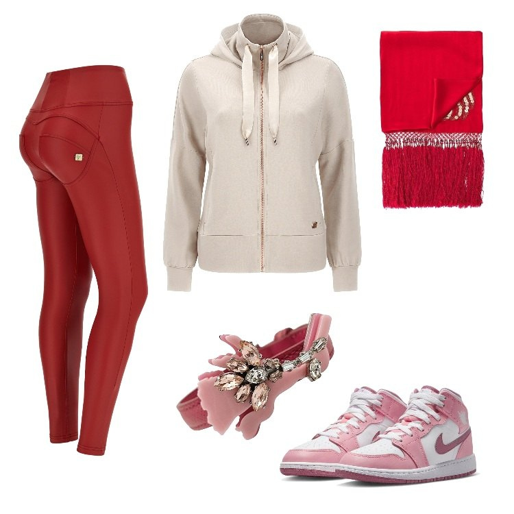 Outfit donna - Come piace a me. Stile Sporty chic per Sport. Abbinamento con sneakers, braccialetti, sciarpe, pantaloni skinny, felpe con cappuccio.