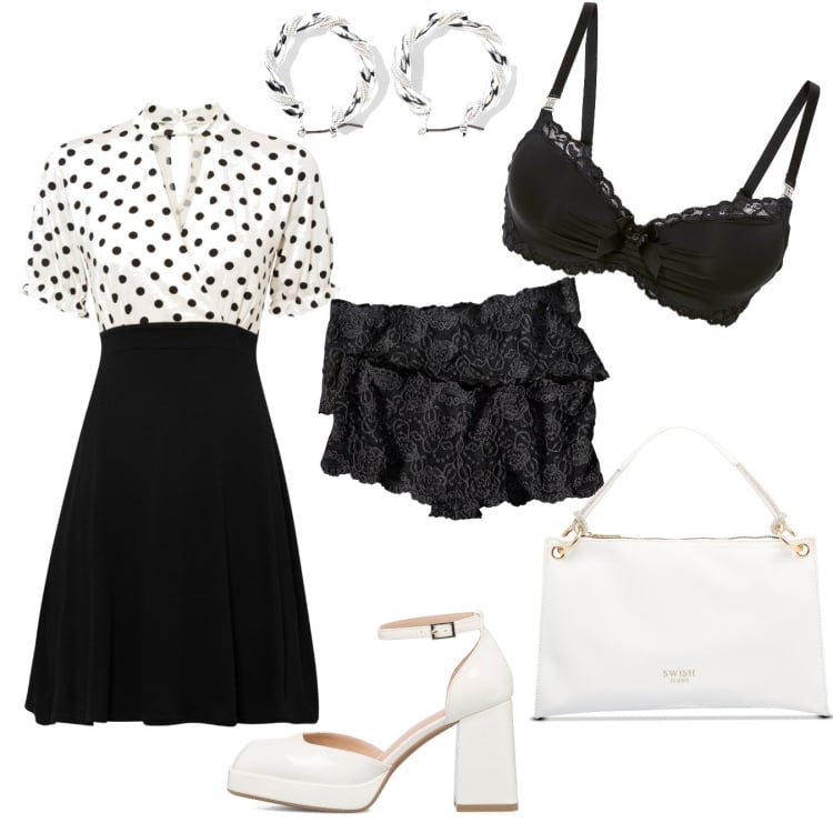 Outfit donna - Intimo in pizzo. Stile Vintage retrò per Tutti i giorni. Abbinamento con culotte, orecchini, vestiti, reggiseni, décolleté, borse a mano.