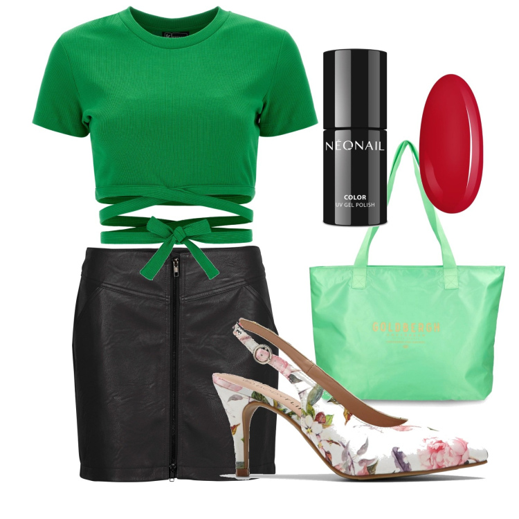 Outfit donna - Irma. Stile Trendy per Serata fuori. Abbinamento con minigonne, décolleté, smalti, top, shopping bag.