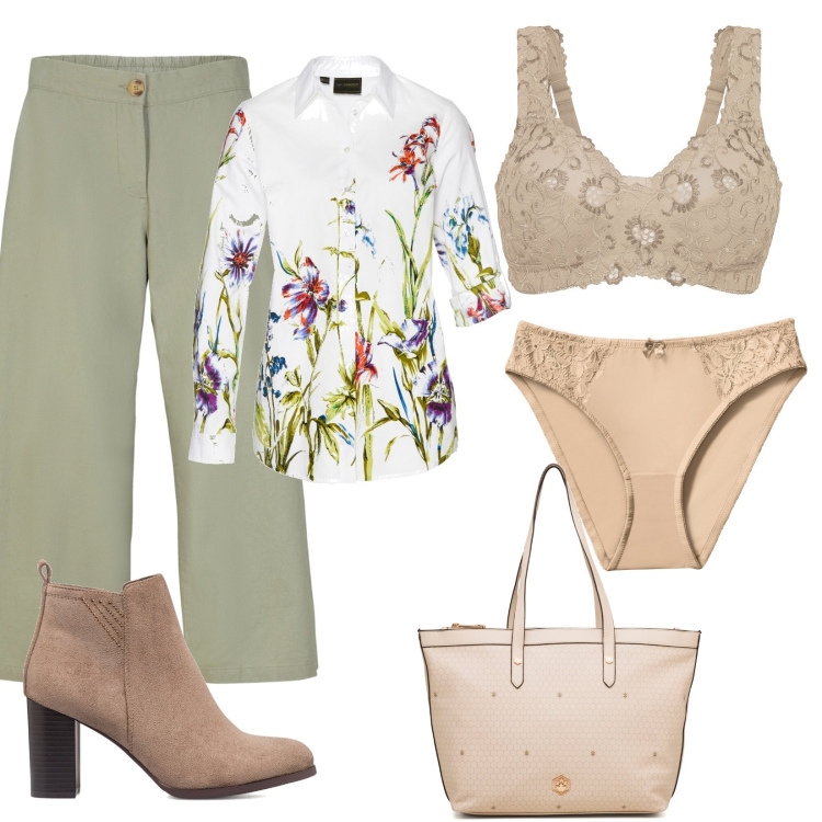 Outfit donna - Verde e beige. Stile Casual chic per Scuola/Università. Abbinamento con reggiseni, camicie, pantaloni culotte, slip, stivaletti, borse a spalla.