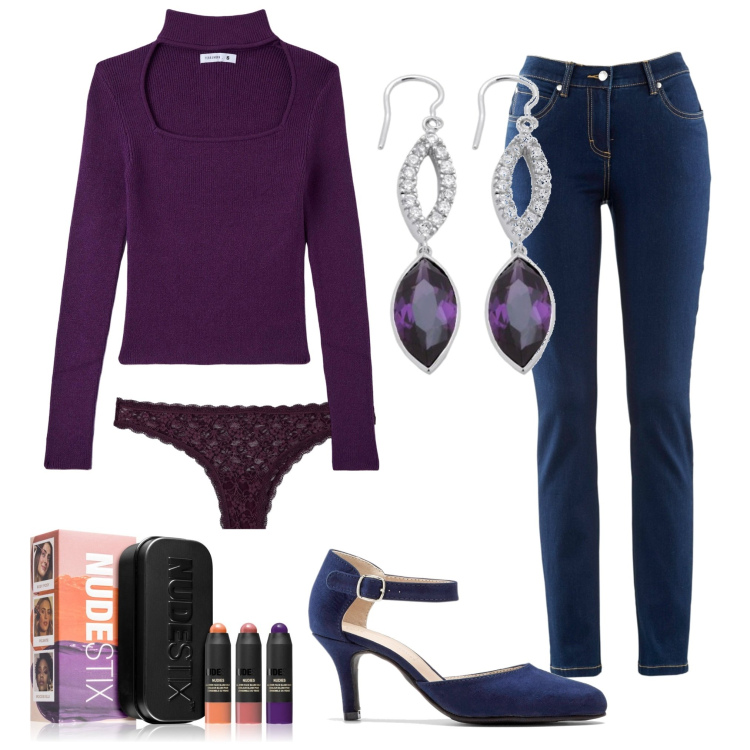 Outfit donna - Total look #1728684. Stile Vintage retrò per Tutti i giorni. Abbinamento con jeans dritti, décolleté, blush, maglieria, slip, orecchini.