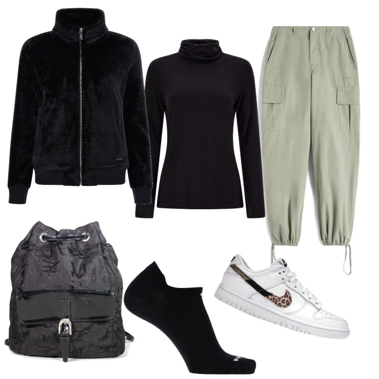 Outfit donna - Sofia. Stile Sporty chic per Tutti i giorni. Abbinamento con sneakers, zaini, pantaloni cargo, calzini, maglieria, cappotti.