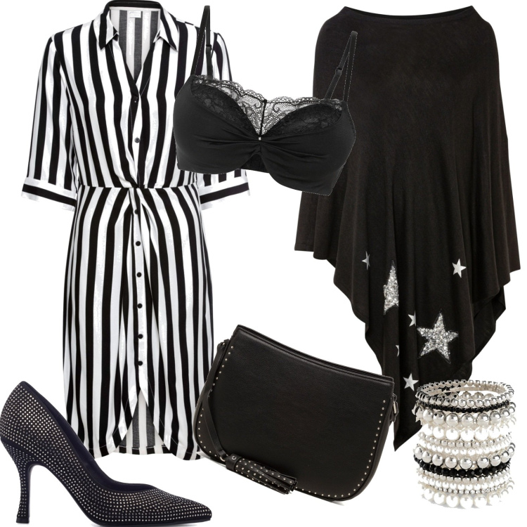 Outfit donna - Settembre soleggiato. Stile Casual per Tutti i giorni. Abbinamento con braccialetti, reggiseni push-up, vestiti chemisier, cappotti, borse a tracolla, décolleté.
