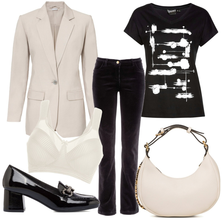 Outfit donna - Total look #1728758. Stile Casual per Tutti i giorni. Abbinamento con pantaloni, t-shirt, reggiseni, blazer, borse a mano, décolleté.