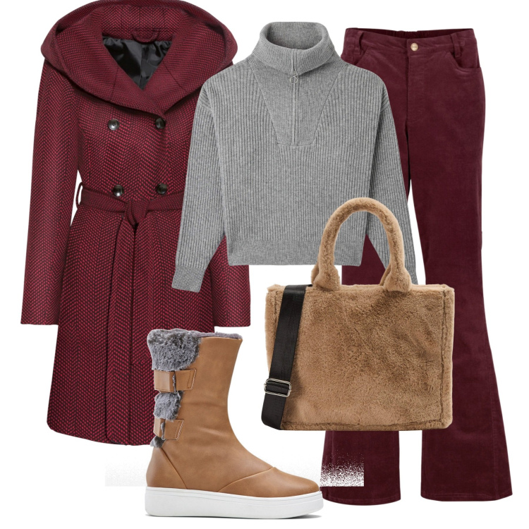Outfit donna - Mix autunno. Stile Basic per Tutti i giorni. Abbinamento con cappotti, pantaloni, stivali, maglieria, shopping bag.