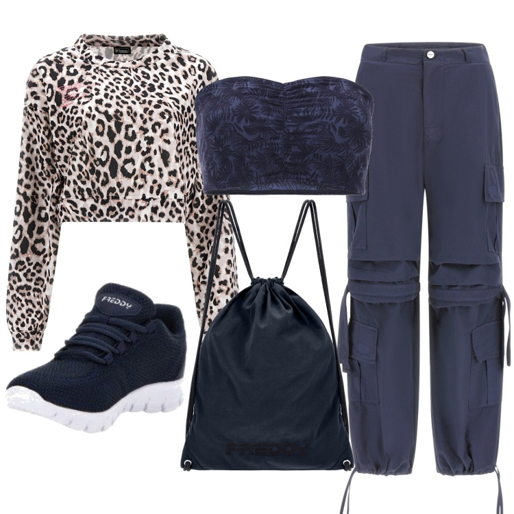 Outfit donna - Total look #1728769. Stile Casual per Tutti i giorni. Abbinamento con pantaloni cargo, sneakers, felpe sportive, zaini, top.