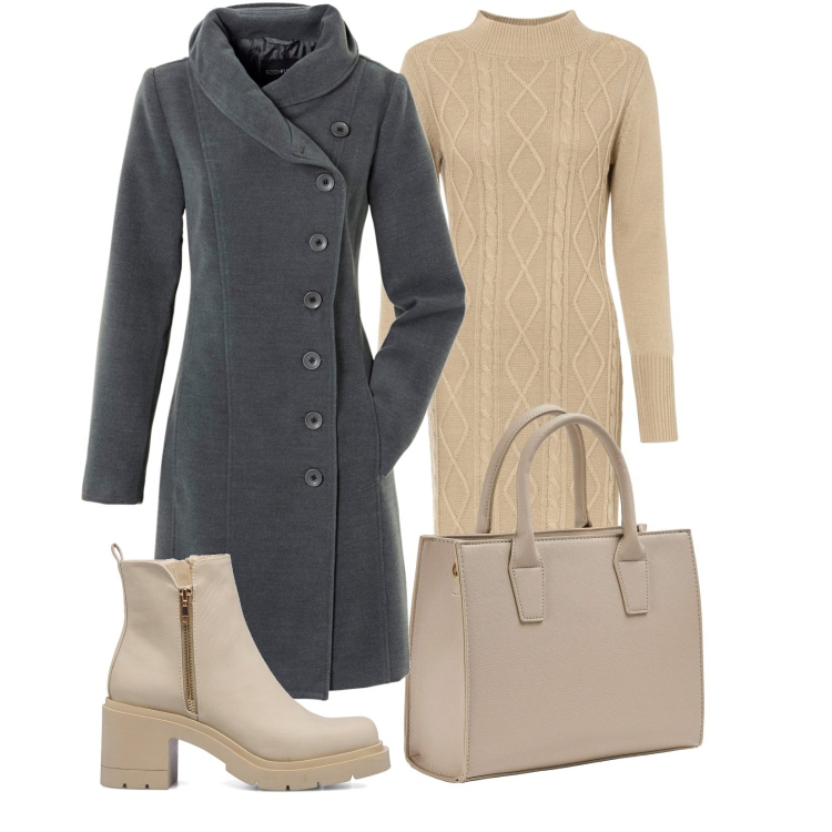 Outfit donna - Beige & Grey. Stile Urban per Tutti i giorni. Abbinamento con cappotti, vestiti, shopping bag, stivaletti.