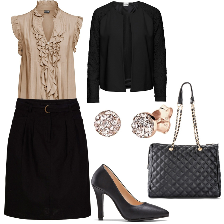 Outfit donna - Total look. Stile Casual Abbinamento con shopping bag, blazer, gonne, décolleté, maglieria, orecchini.
