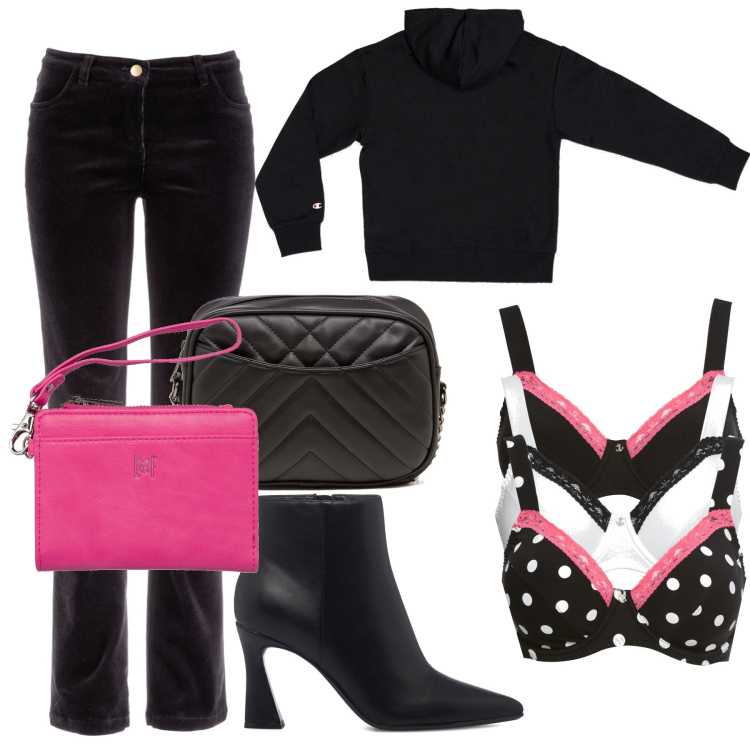 Outfit donna - Pois divertenti. Stile Basic per Tutti i giorni. Abbinamento con pantaloni, reggiseni, felpe con cappuccio, stivaletti, portafogli, borse a tracolla.