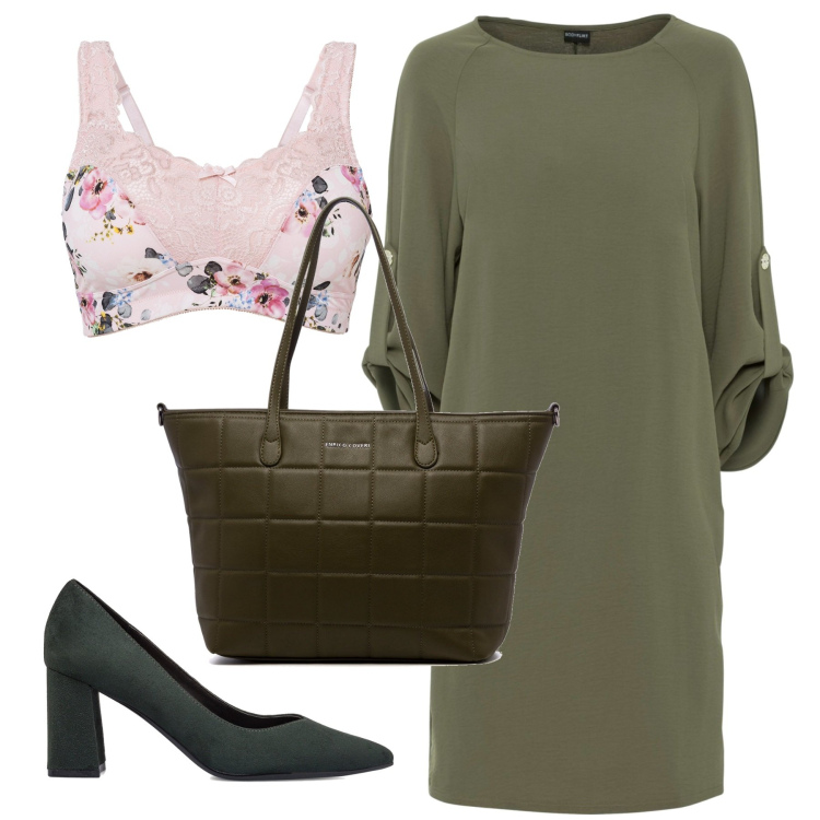 Outfit donna - Sotto al vestito fiori. Stile Basic per Ufficio. Abbinamento con reggiseni, vestiti, décolleté, borse a spalla.