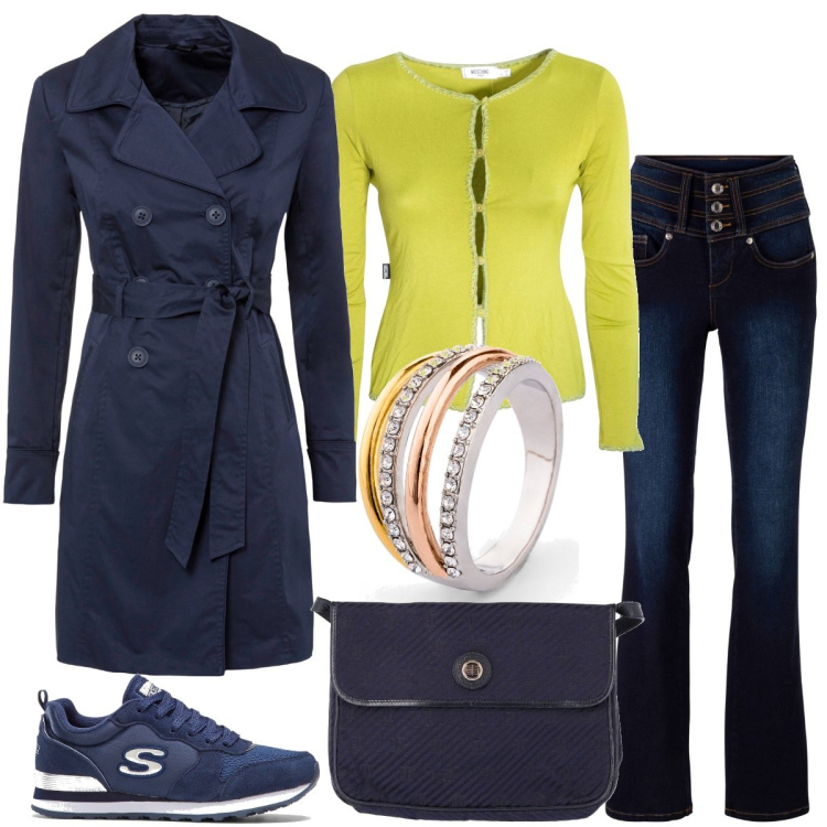Outfit donna - Total look #1728791. Stile Casual per Scuola/Università. Abbinamento con jeans bootcut, trench, sneakers, anelli, cardigans, borse a spalla.
