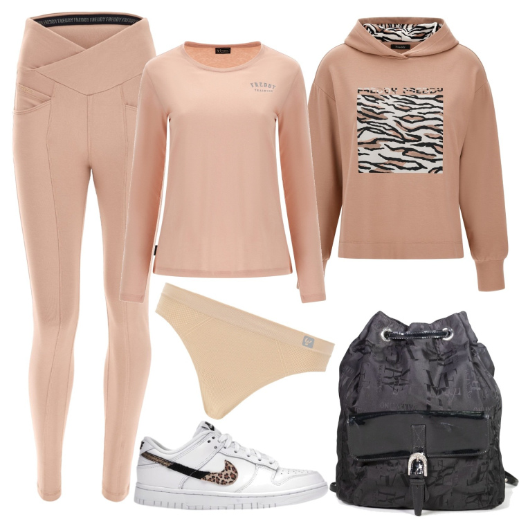 Outfit donna - Sportiva con Freddy. Stile Sporty chic per Sport. Abbinamento con zaini, sneakers, perizomi, pantaloni skinny, felpe con cappuccio, t-shirt.