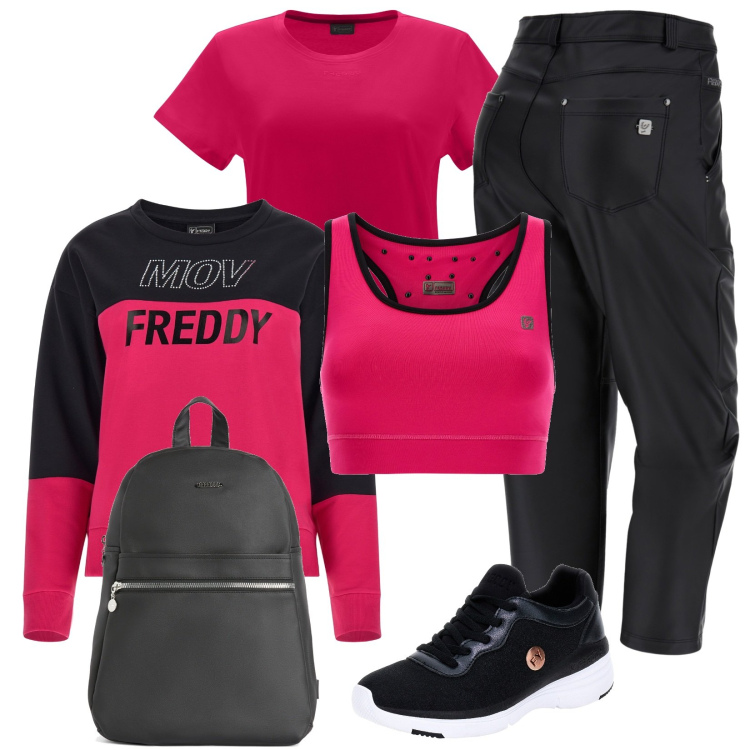 Outfit donna - Sport e femminilità. Stile Sporty chic per Tutti i giorni. Abbinamento con zaini, pantaloni capri, felpe, reggiseni, scarpe sportive, t-shirt.