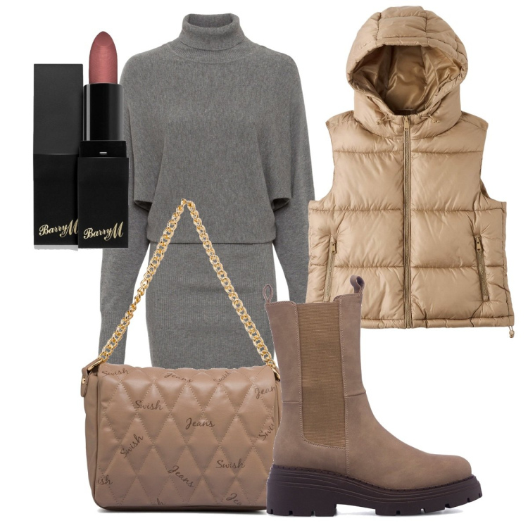 Outfit donna - Autunno in grigio e beige. Stile Trendy per Tutti i giorni. Abbinamento con vestiti, rossetti, piumini, borse a tracolla, stivaletti.