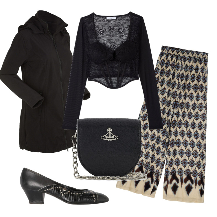 Outfit donna - Total look #1728840. Stile Etnico per Tutti i giorni. Abbinamento con parka, décolleté, t-shirt, pantaloni a palazzo, borse a spalla.