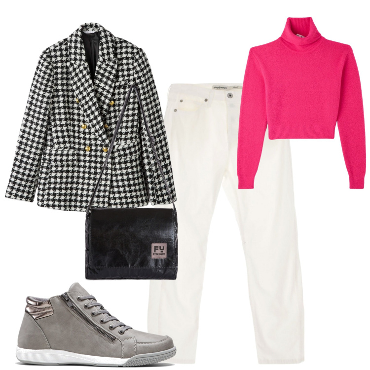 Outfit donna - September. Stile Casual chic per Tutti i giorni. Abbinamento con sneakers alte, maglieria, blazer, jeans, borse a tracolla.