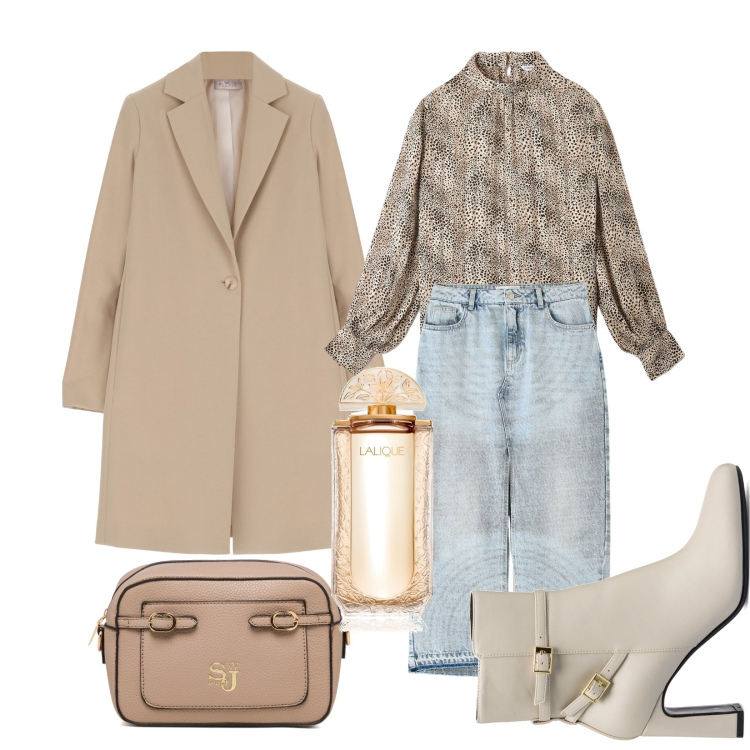Outfit donna - Gonna in jeans e cappotto. Stile Trendy per Tutti i giorni. Abbinamento con profumi, bluse, gonne lunghe, cappotti, stivaletti, borse a tracolla.