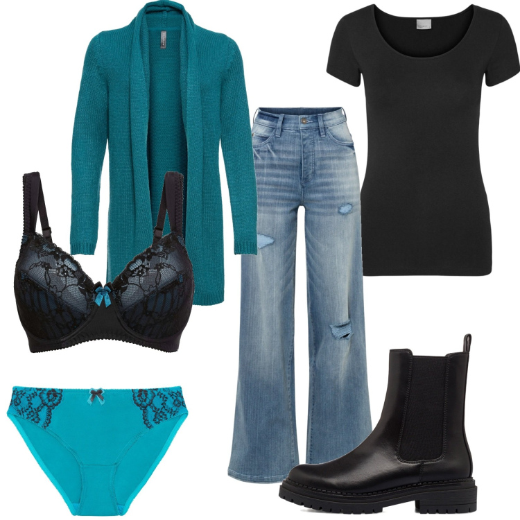 Outfit donna - La lingerie che mette il sorriso. Stile Casual per Tutti i giorni. Abbinamento con cardigans, reggiseni, jeans strappati, culotte, stivaletti, t-shirt.